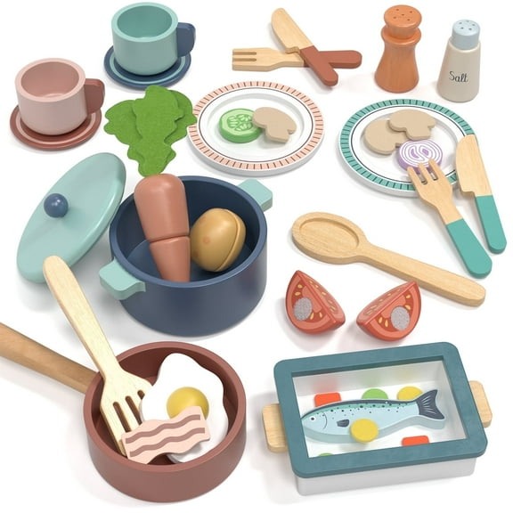 Play Food Set, Kids Kitchen Play Set, Wooden Play Food Set for Kids Kitchen with Pots and Pans Cookware Cutting Play Food, Toy for Girls Boys 3-8 Year