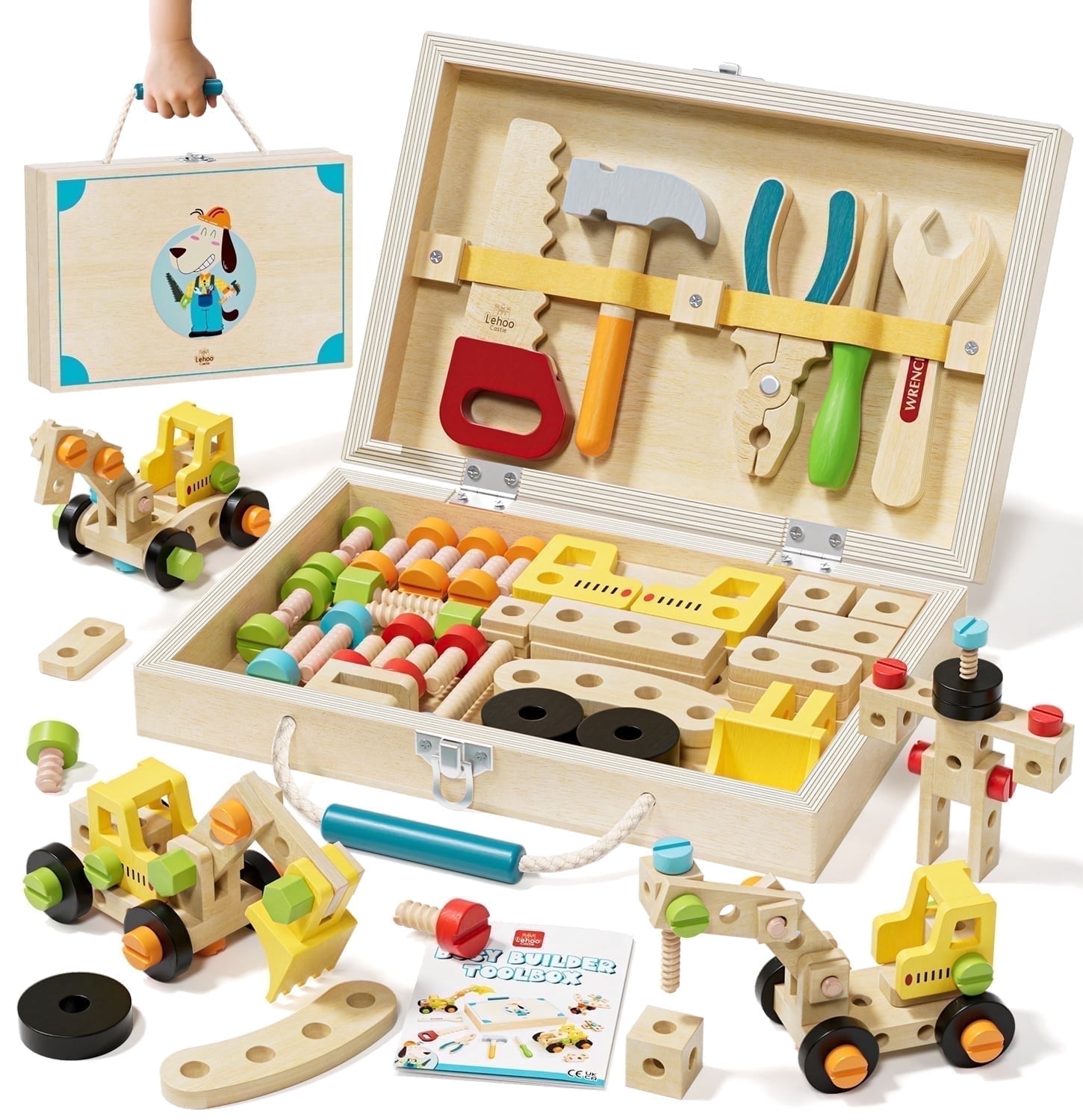 Kids Tool Set,  Wooden Tool Set with Box & Tool Accessories, Montessori Educational Pretend Play Construction Toys for 3 Year Old Boys