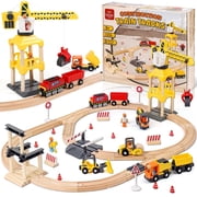 Train Set, Wooden Train Set for Kids, Train Track Set with Crane & Accessories, Train Sets for Boys 4-7 Birthday Gift, Compatible with Other Brands