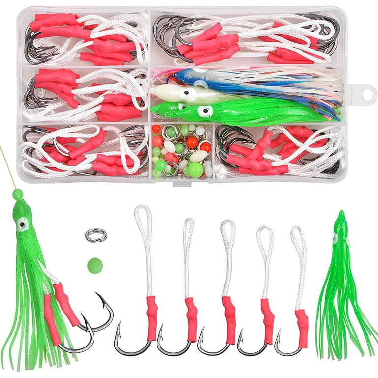 OROOTL 100pcs Assist Hooks Set, Including Fishing Assist Hooks with PE Line  for Jigging, Multicolor Octopus Squid Skirts, Split Ring, Luminous Beads  with Fishing Tackle Box 