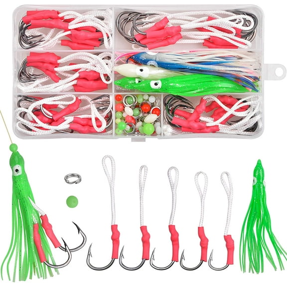 OROOTL 100pcs Assist Hooks Set, Including Fishing Assist Hooks with PE Line for Jigging, Multicolor Octopus Squid Skirts, Split Ring, Luminous Beads with Fishing Tackle Box