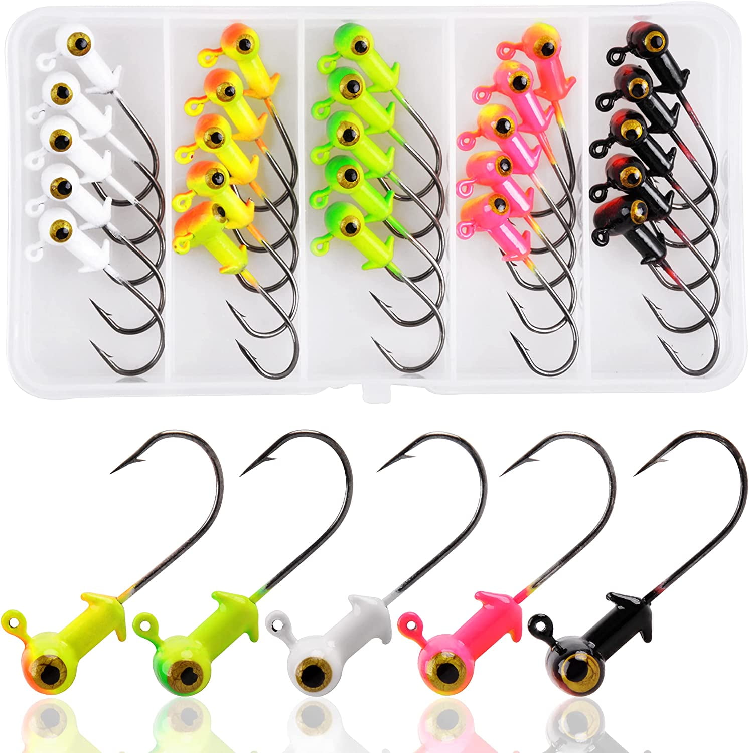 25pcs Fishing Jig Heads Kit, Football Painted Head Jig Hook with Double Eye  Glow Crappie Bass Jig Head Hooks for Freshwater Saltwater 1/8oz 3/16oz  1/4oz 