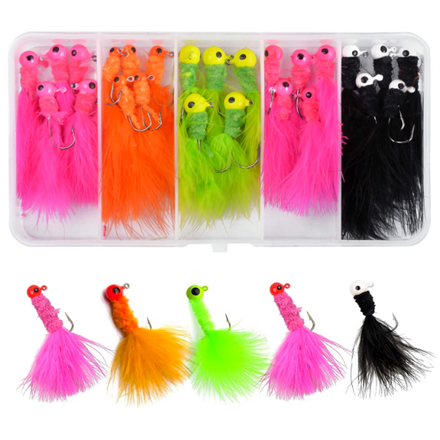 OROOTL Marabou Feather Crappie Jig Heads Kit, 25pcs Fishing Lures Jigs