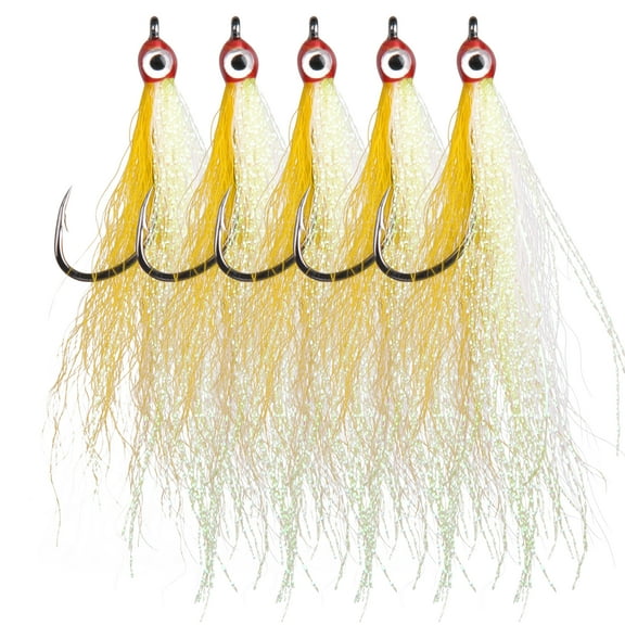 OROOTL Fishing Bucktail Teaser Hooks,5pcs Saltwater Fishing Teaser Lures with Bucktail Crystal Flash Skirt Big Eyes Fluke Flounder Rig Fishing Jig Hooks