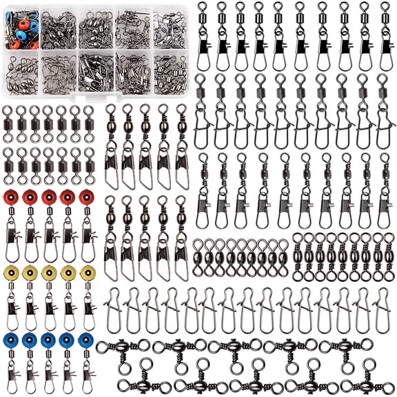 OROOTL Fishing Swivels Kit - Ball Bearing Swivel, Rolling Barrel Swivel, Crossline Three Way Swivel, Duo Lock Snap, High Strength Fishing Line Connector for Bass Trout Saltwater Freshwater