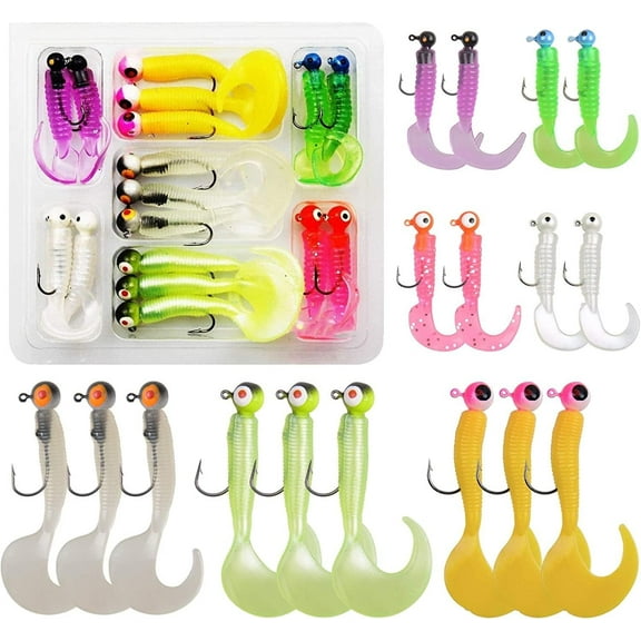 OROOTL Grub Lures Fishing Jigs Head Hooks Kit- Soft Plastic Grub Tail Worm Lure Bait Crappie Jigs Buster Tubes Baits for Bass Trout Saltwater Freshwater Fishing