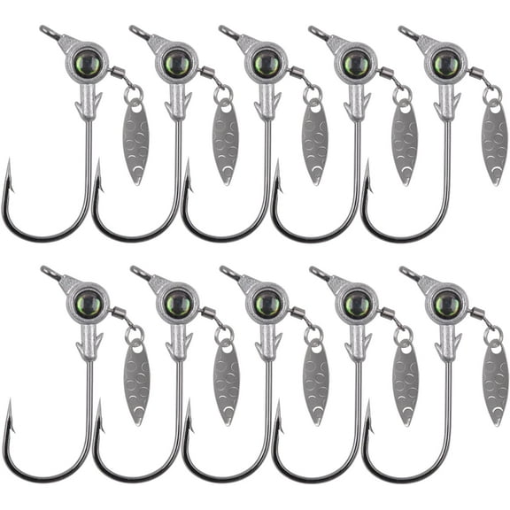 OROOTL Jig Heads Fishing Hooks 10pcs Crappie Jig Heads Round Ball Head Spinner Blade Spin 3D Big Eyes Saltwater Jig Hook Lure Fishing Jigs for Speckled Trout Redfish Bass Fishing Tackle Accessories