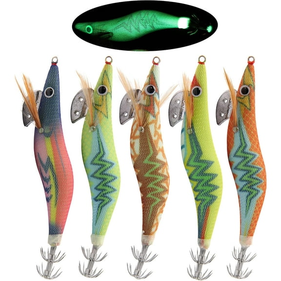 OROOTL Luminous Fishing Lures Squid Jig Hooks 5pcs Hard Fishing Shrimp Lure Octopus Cuttlefish Sea Fishing Lures Glow in Dark for Freshwater Saltwater Fishing Tackle