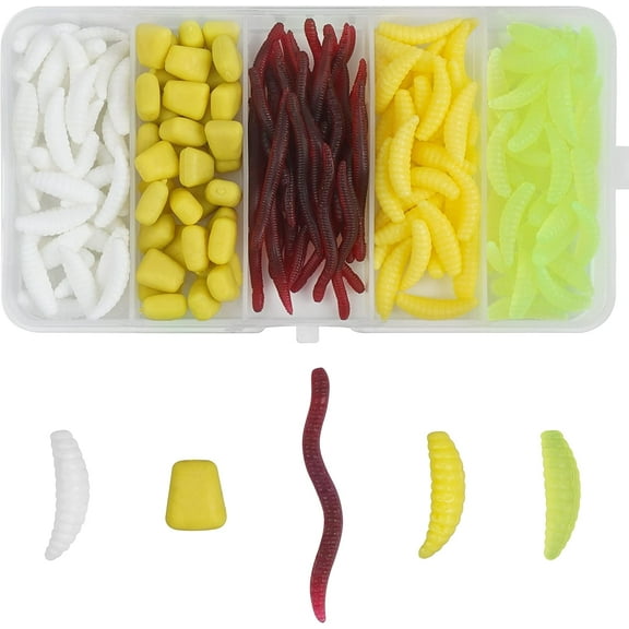 OROOTL Worm Bass Fishing Lure Kit 170pcs Soft Plastic Earthworm Corn And Maggot Shape Fishing Lures Smelling Fake Worms Fishing Lures Carp Fishing Baits with Box, Freshwater Saltwater Lure Baits