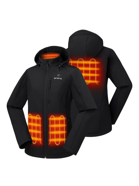 Women's 4-Zone Heated Jacket with Battery and Detachable Hood, for Hiking Skiing Camping (Black, L)