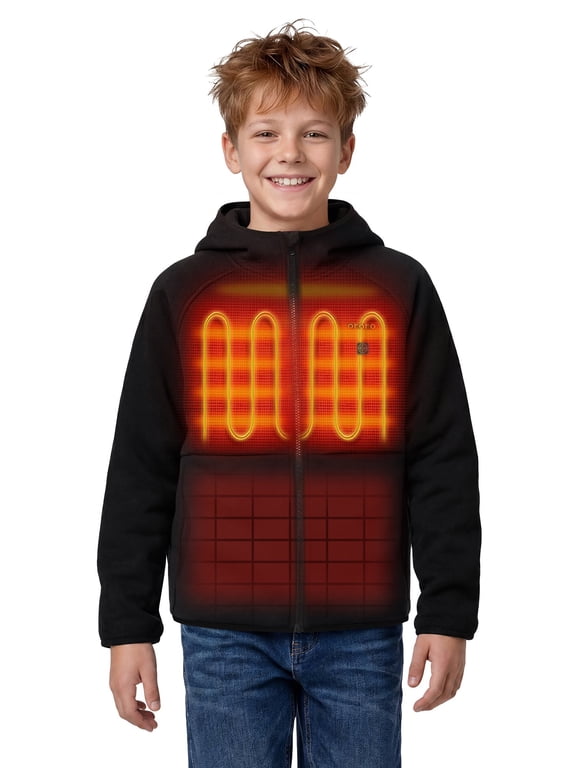 Kids’ 4-Zone Heated Hoodie with Battery, Boys Heating Jacket Girls Fleece Hoodie for Winter (Black, XL)