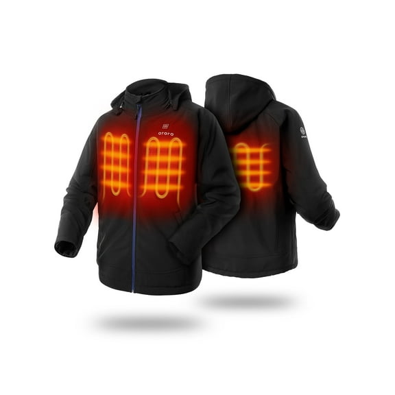 ORORO Men's Heated Jacket with Battery and Detachable Hood, Battery Powered Heating Jacket for Hiking Skiing Camping (Black/Blue Zipper, L)