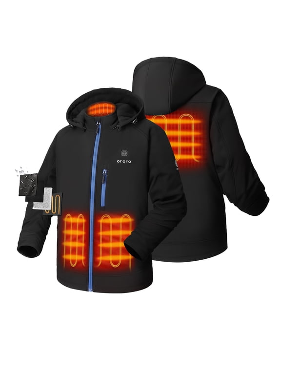 Men's Upgraded 4-Zone Heated Jacket with Battery and Detachable Hood, for Hiking, Skiing & Camping (Black/Blue Zipper, M)
