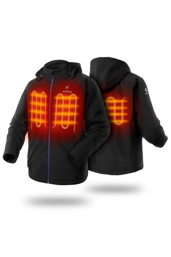 Men's Heated Jacket with Battery and Detachable Hood, Battery Powered Heating Jacket for Hiking Skiing Camping (Black/Blue Zipper, XL)