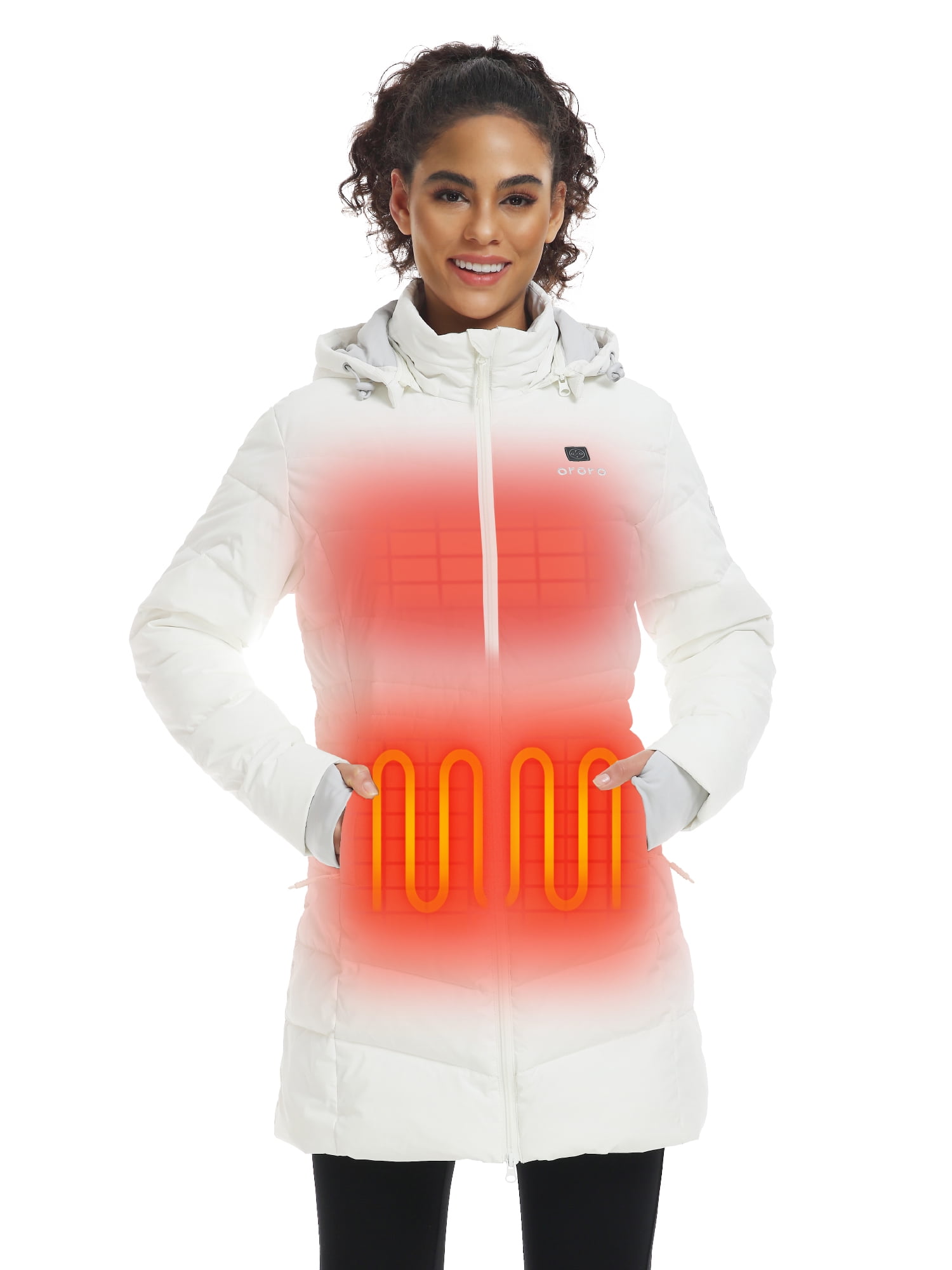 ORORO Women's Heated Puffer Parka Jacket with Detachable Hood and Battery Pack(White,S