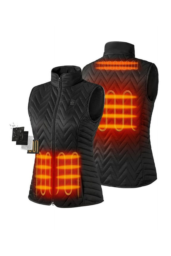 Women's Quilted Heated Vest with Battery, Lightweight Heated Chevron Quilted Vest (Black, L)
