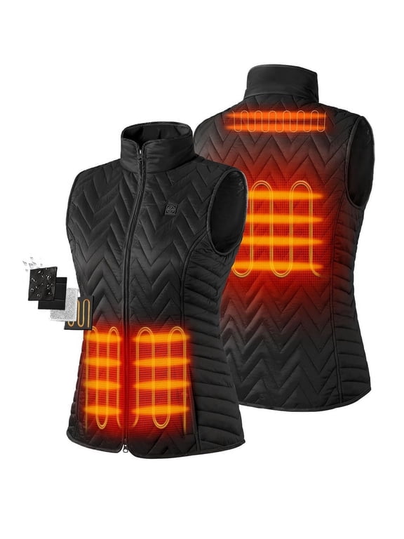 Women's Quilted Heated Vest with Battery, Lightweight Heated Chevron Quilted Vest (Black, L)