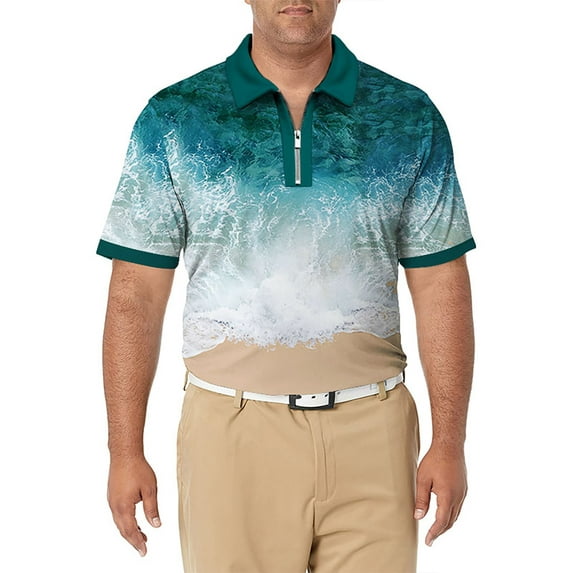 ORQ Men Color Block Turn-down Collar Short Sleeve Zip Daily T-Shirt Top