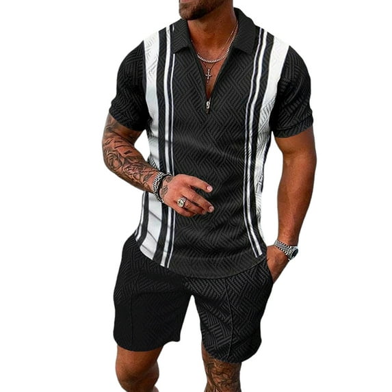 ORQ Men Short Sleeve Print Zipper Blouse Shorts Regular Outfit Sets