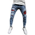 thumbnail image 1 of ORQ Men Stitching Slim Fit Ripped Casual Denim Full-length Jeans, 1 of 2