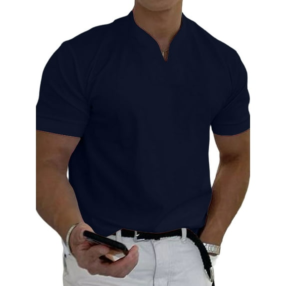 ORQ Men Casual Slim Top Thin Summer Workwear Tee Short Sleeve V-Neck Office Shirts