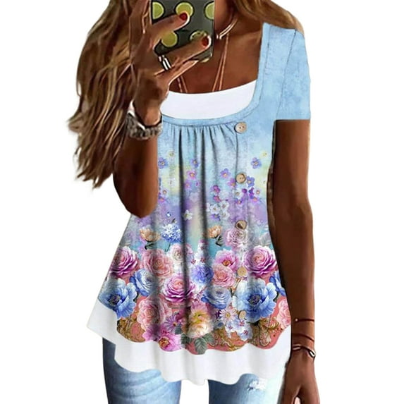 ORQ Round Neck Pleated Button Fake Two-Piece Short Sleeve T-Shirt Women Tops