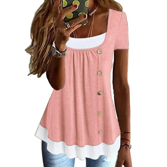 ORQ Round Neck Pleated Button Fake Two-Piece Short Sleeve T-Shirt Women Tops