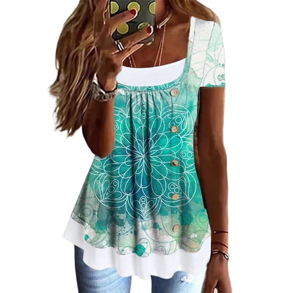 ORQ Round Neck Pleated Button Fake Two-Piece Short Sleeve T-Shirt Women Tops