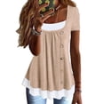 thumbnail image 1 of ORQ Round Neck Pleated Button Fake Two-Piece Short Sleeve T-Shirt Women Tops, 1 of 4