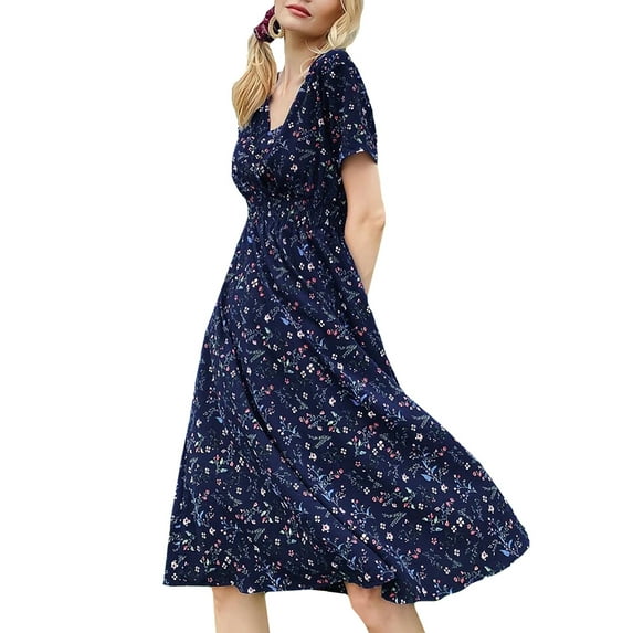 ORQ Women Bohemian Style Floral Print V-Neck Short Sleeve A-line Dress