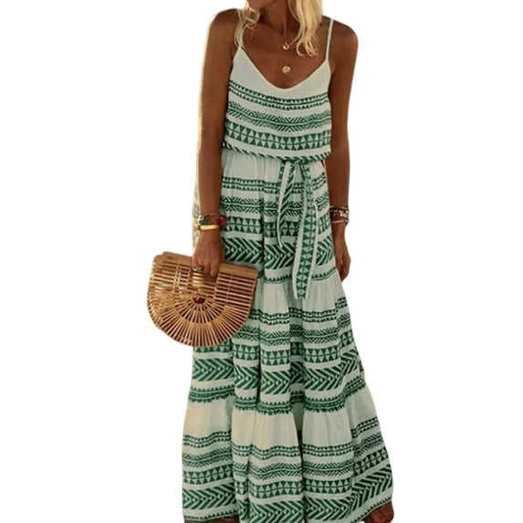 ORQ Women Bohemian Style V-neck Printed Beach Strap Long Dress