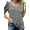 thumbnail image 1 of ORQ Women Casual V-neck Bubble Sleeve Solid T-shirt Top, 1 of 4