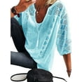 thumbnail image 1 of ORQ Women Lace O-Neck 3/4 Sleeve Draw String Solid Fashion T-Shirt Top, 1 of 6