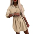 thumbnail image 1 of ORQ Women Lapel Solid Long Sleeve Lace Sequins Splice Shirt Dress, 1 of 6