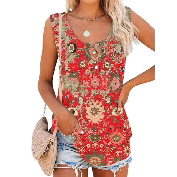 ORQ Women Round Neck Sleeveless Print Loose Relaxed Tank Top