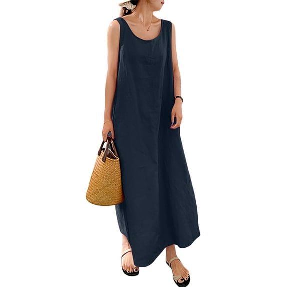 ORQ Women Simple Solid Pocket Round Neck Sleeveless Long Dress