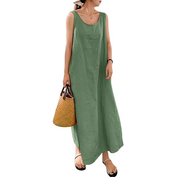 ORQ Women Simple Solid Pocket Round Neck Sleeveless Long Dress