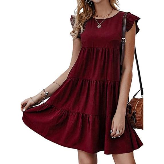 ORQ Women Solid Round Neck Ruffled Casual Pleated Cake Skirt