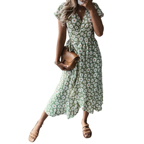 ORQ Women Summer V-Neck Short Sleeve Lace Up Print Wrap Dress