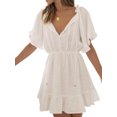 thumbnail image 1 of ORQ Women V-Neck Solid Sweet Ruffle Short Sleeve Dress, 1 of 4