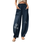 ORQ Women's Loose Casual Printed Multi Pocket Elastic Pants