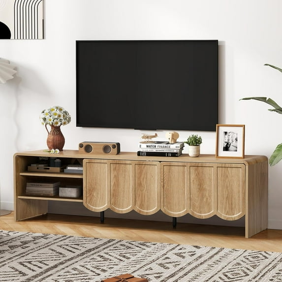 ORRD 63'' TV Stand, Modern TV Console Table Wave Panel Television Stands Entertainment Media Center with Storage Compartment and Sliding Door for Living Room (Natural)