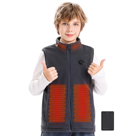 ORRNIKKO Kids Fleece Heated Vest with Battery Pack - Lightweight Electric Vest for Kids (Gray, L)
