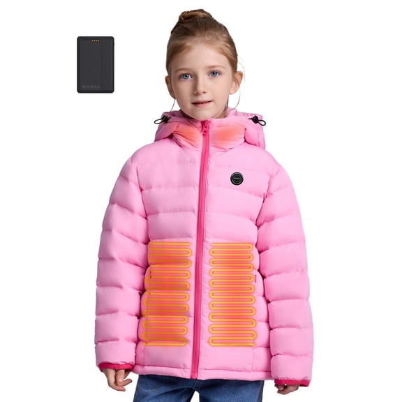 ORRNIKKO Kids' Heated Jacket with Battery Pack – Lightweight, Warm Hooded Coat for Boys & Girls (Pink, XS)