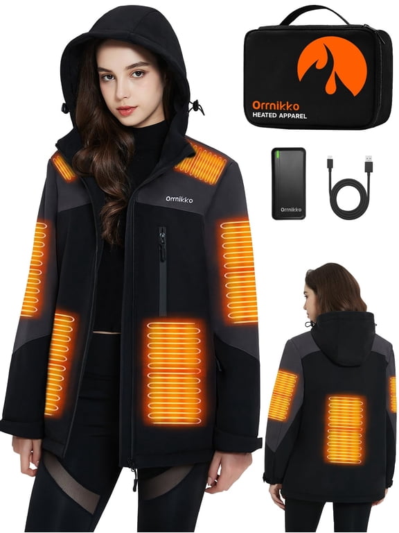 Women's Heated Jacket with Battery and Hood, for Winter Outdoors 2XL
