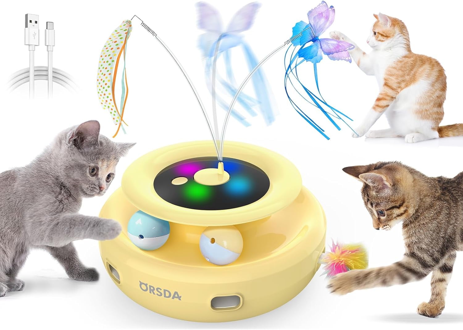 ORSDA 3-in-1 Cat Toys Rechargeable, Interactive Cat Toys for Indoor Cats Automatic Kitten Toy, Moving Ambush Feather, Fluttering Butterfly Toy, Track Balls, Whack a mole Cat Teaser with 9 Attachments