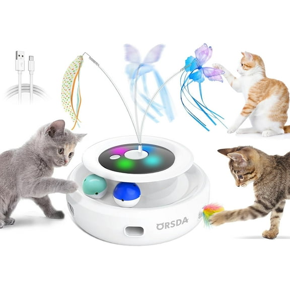 ORSDA 3-in-1 Cat Toys Rechargeable, Interactive Cat Toys for Indoor Cats Automatic Kitten Toy, Moving Ambush Feather, Fluttering Butterfly Toy, Track Balls, Whack a mole Cat Teaser with 6 Attachments