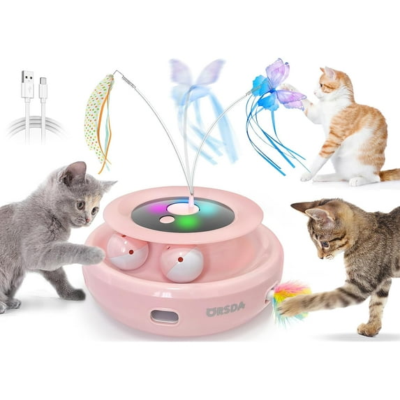 ORSDA 3-in-1 Cat Toys Rechargeable, Interactive Cat Toys for Indoor Cats Automatic Kitten Toy, Moving Ambush Feather, Fluttering Butterfly Toy, Track Balls, Whack a mole Cat Teaser with 11 Attachments