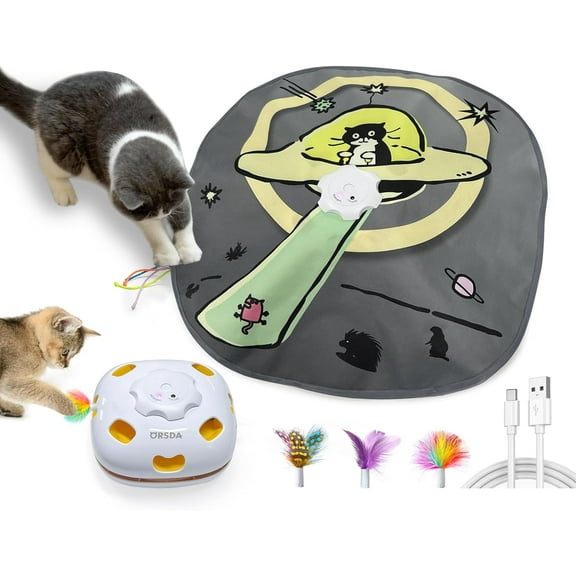 ORSDA Cat Toys Rechargeable, 4in 1 Interactive Kitten Toy for Indoor Cats, Automatic Hide and Seek Self Play Cat Feather Wand Toy with Smart Sensing, Whack a Mole, Chase Feather for All Breeds