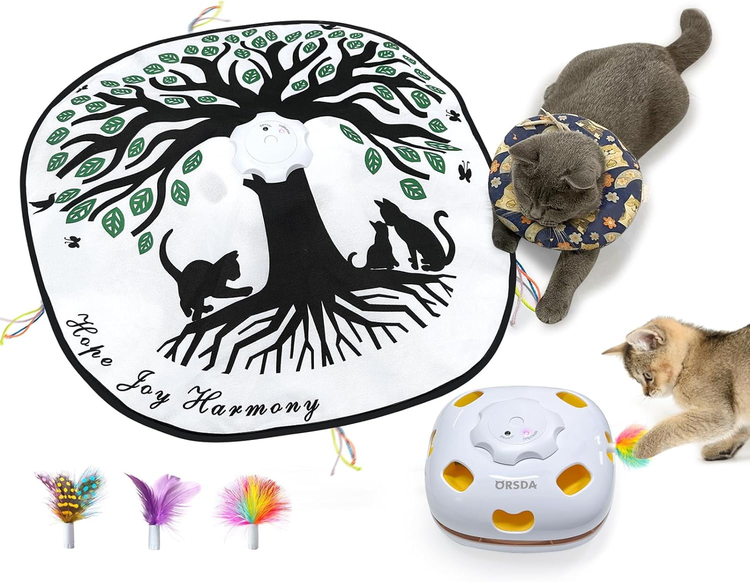 ORSDA Cat Toys Rechargeable, 4in 1 Interactive Kitten Toy for Indoor Cats, Automatic Hide and Seek Self Play Cat Feather Wand Toy with Smart Sensing, Whack a Mole, Chase Feather for All Breeds
